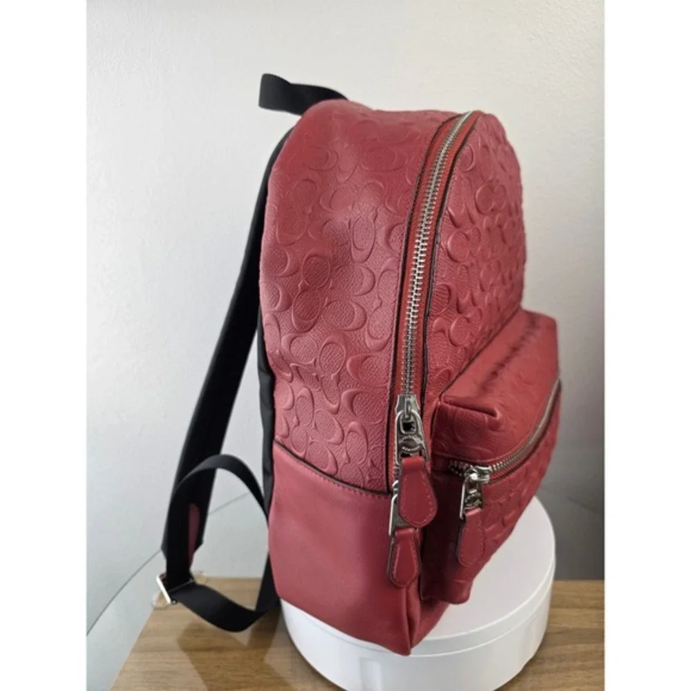 Coach Charlie Medium Backpack Red Embossed Signature C Pebble Leather F49499 Bag
